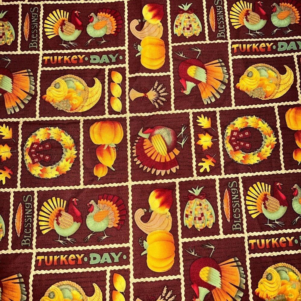 Fall Thanksgiving Fabric Turkey Day Brown Cornucopia Pumpkins Leaves 19" x 44"